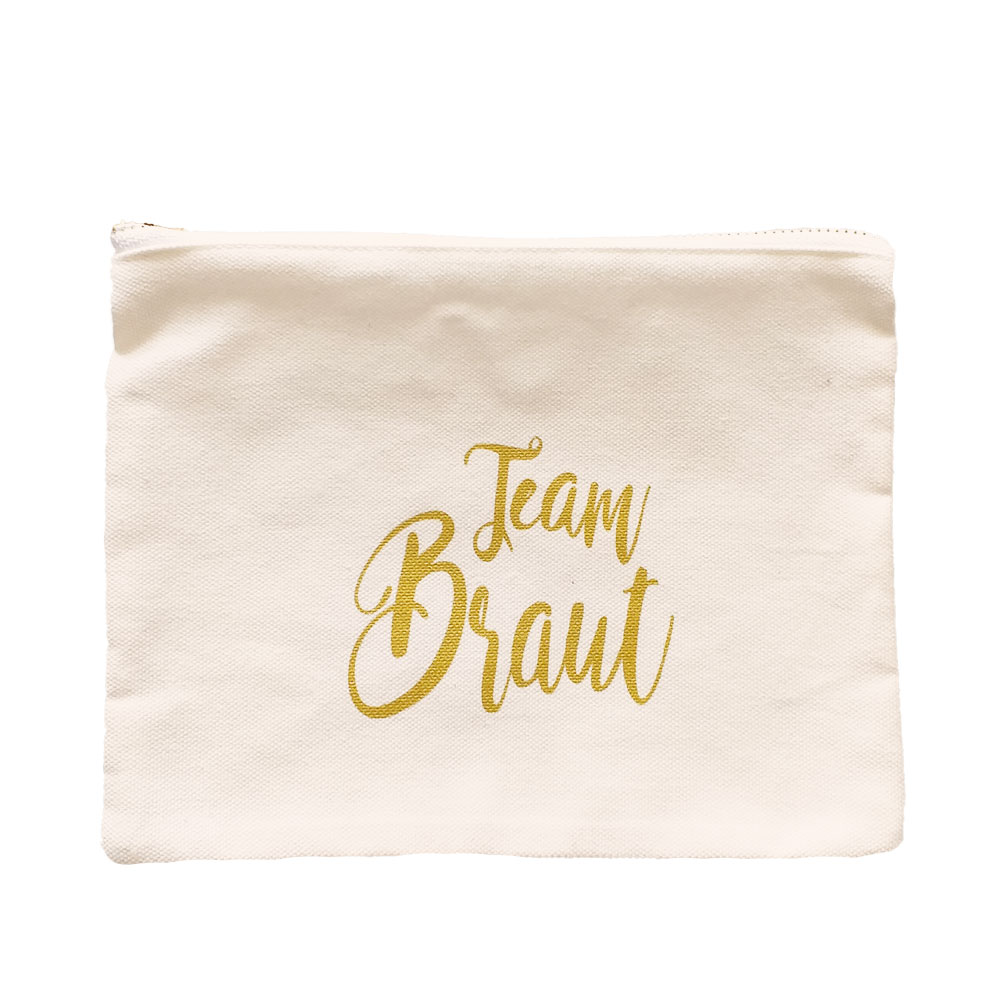 Weiße Make-Up-Tasche mit Team Braut-Schriftzug für den Junggesellinnenabschied