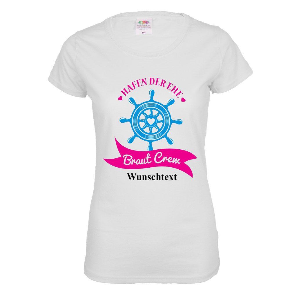 Weisses Damen JGA-Shirt mit Barut Crew-Motiv und eigenem Text personalisiert