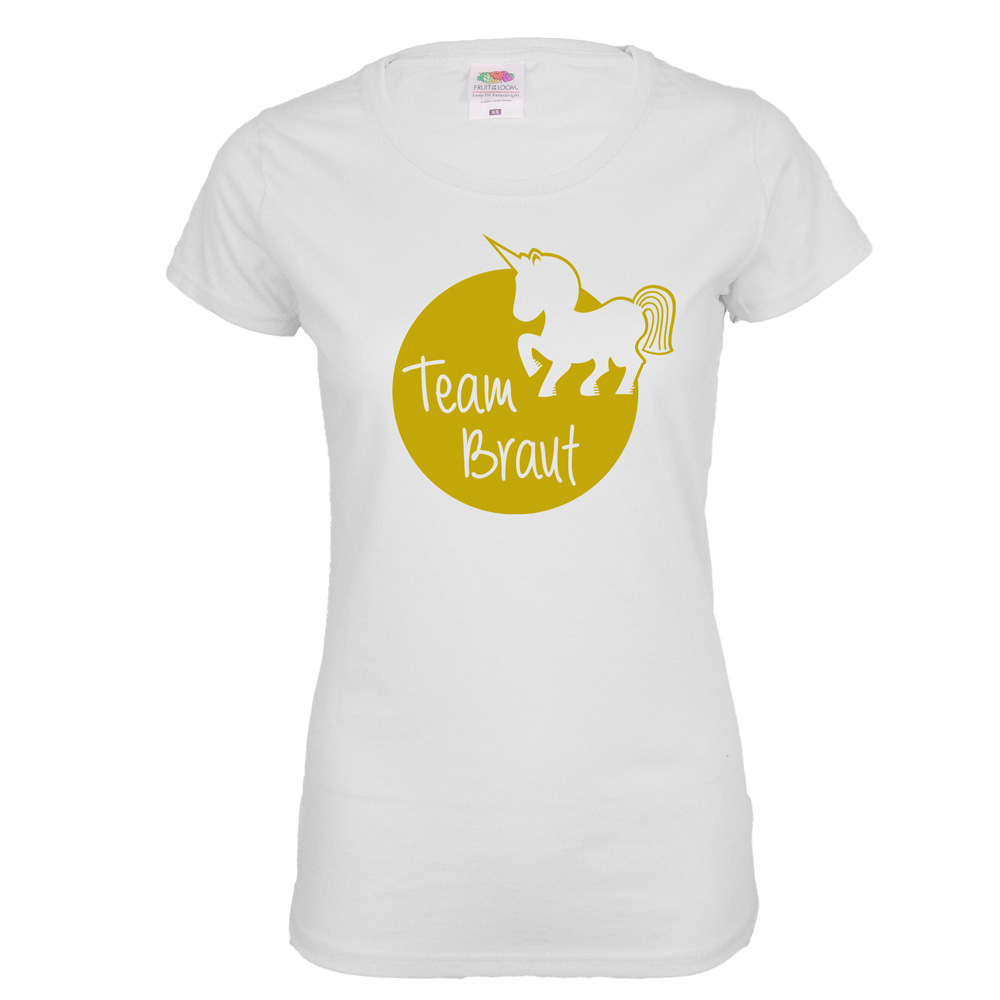 Junggesellinnenabschied T-Shirt Team Braut mit Einhorn - Weiss