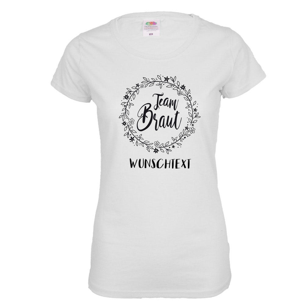 Weisses Damen JGA-Shirt mit Team Braut Blumenkranz-Motiv und individuell mit Namen personalisiert