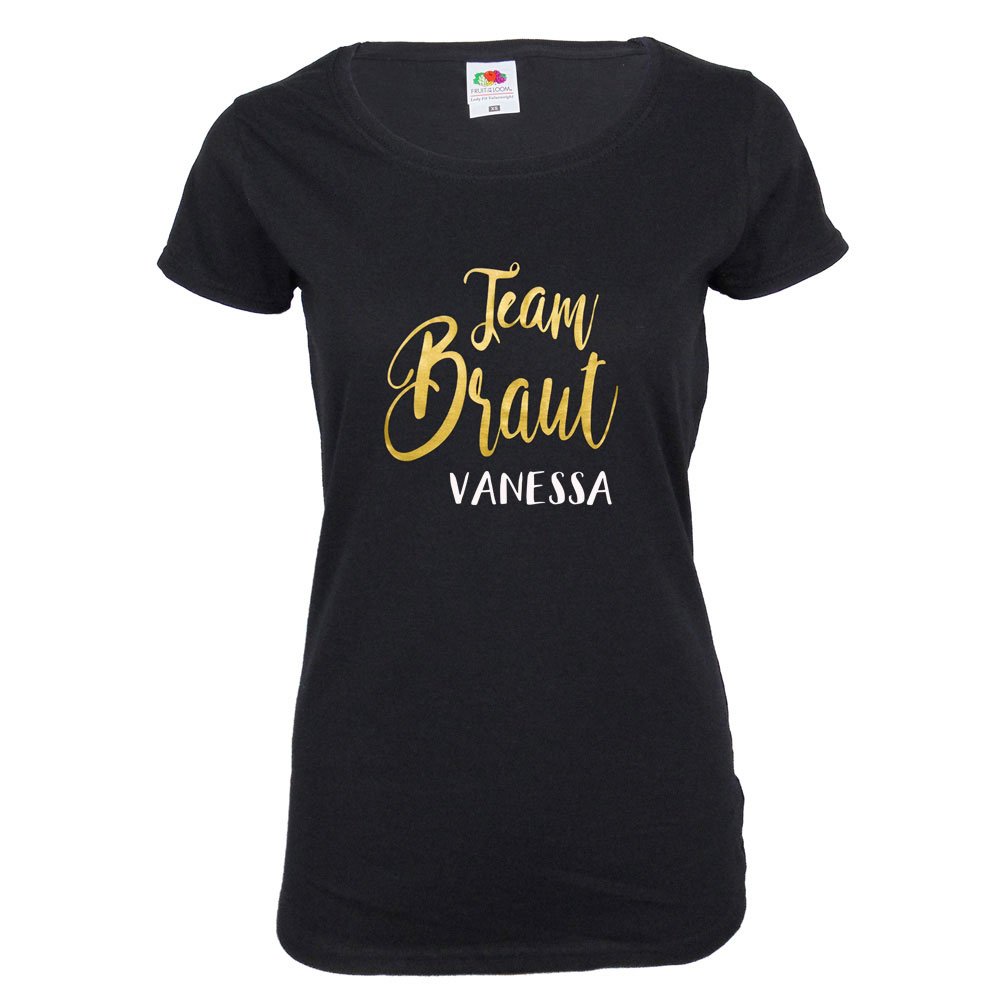 Damen JGA-Shirt mit Namen personalisiert - Team Braut in Schwarz-Gold