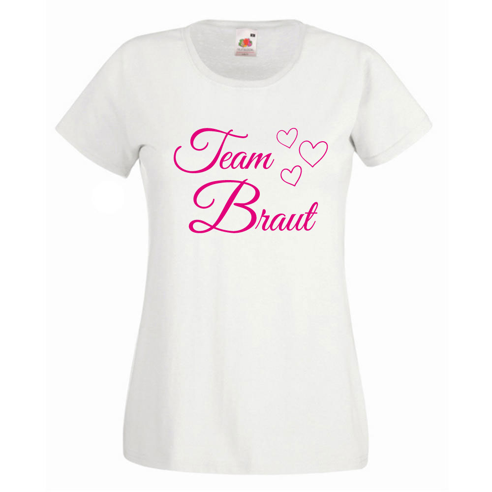 Weißes Team Braut Shirt mit Herzen für den Junggesellenabschied