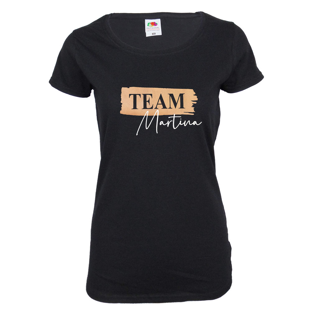 Stilvolles JGA-Shirt in Schwarz-Kupfer mit Team Braut-Aufdruck und Namen personalisiert