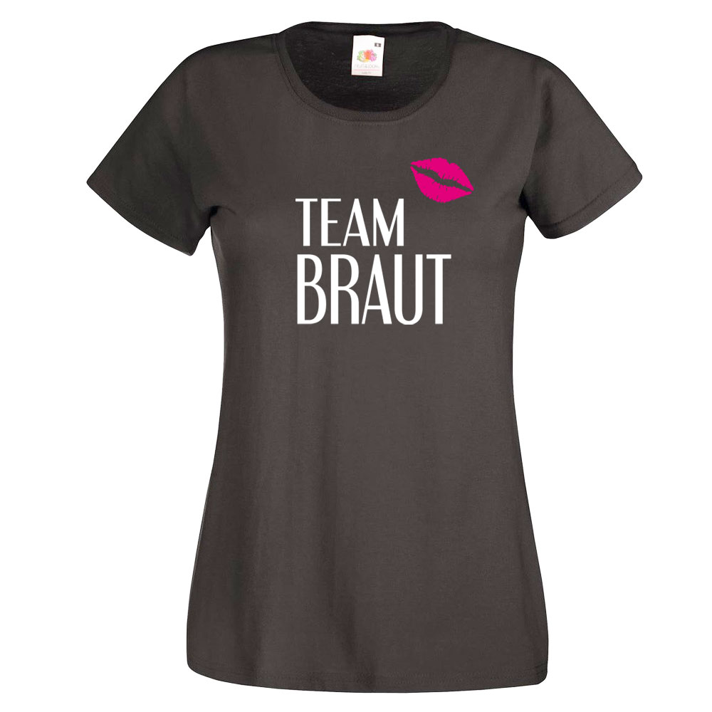 Graues Damen-Shirt mit Team Braut-Motiv für den JGA