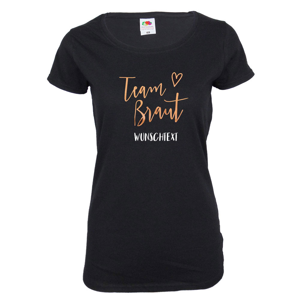 Schwarzes Damen JGA-Shirt mit Team Braut Kupfer-Aufdruck und individuell mit Namen personalisiert