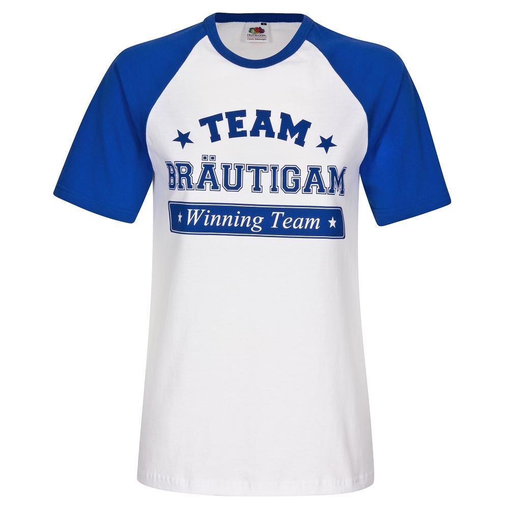 Blau-weißes Junggesellenabschied-Shirt mit "Team Bräutigam"-Motiv